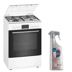 BOSCH Cuisinière 4 Foyers Brûleurs Gaz Blanc 60x60cm Four EcoClean Feu WOK 4KW Gazinière 66L