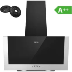 CIARRA Hotte Inclinee 60cm Avec 2pcs Filtre Actif 370 M3/h 3 Vitesses Led Recyclage Ou Evacuation - Verre Noir - 736CBK60