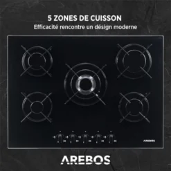 AREBOS Table De Cuisson à Gaz - Inox - 5 Brûleur - 70 Cm - Verre -Bransch Magasin 26036538 3