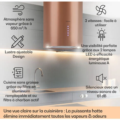 Klarstein Beretta Hotte îlot Ø49,5 Cm Extraction / Recyclage D'air 650 M³ / H LED Cuivre 2 Klarstein Beretta Hotte îlot Ø49,5 Cm Extraction / Recyclage D'air 650 M³ / H LED Cuivre – Image 2