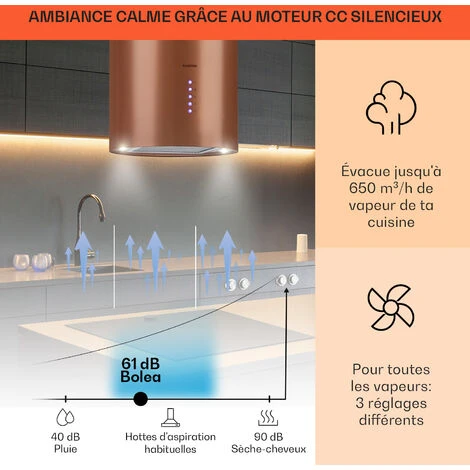 Klarstein Beretta Hotte îlot Ø49,5 Cm Extraction / Recyclage D'air 650 M³ / H LED Cuivre 3 Klarstein Beretta Hotte îlot Ø49,5 Cm Extraction / Recyclage D'air 650 M³ / H LED Cuivre – Image 3