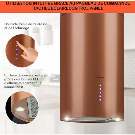 Klarstein Beretta Hotte îlot Ø49,5 Cm Extraction / Recyclage D'air 650 M³ / H LED Cuivre 4 Klarstein Beretta Hotte îlot Ø49,5 Cm Extraction / Recyclage D'air 650 M³ / H LED Cuivre – Image 4