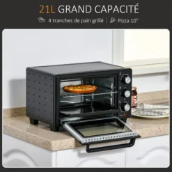 HOMCOM Mini Four 1400 W 21 L - Thermostat 230°C Max - Minuteur 60 Min - 3 Modes De Cuisson - 4 Accessoires Inclus - Acier Inox. Métal Verre Trempé Noir -Bransch Magasin 42169103 4