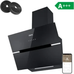 CIARRA Hotte Inclinee Tactile 60cm 650m/h Classe A++ Filtre Actif 4 Vitesses Recyclage Ou Evacuation - Verre Noir - CD6736FB