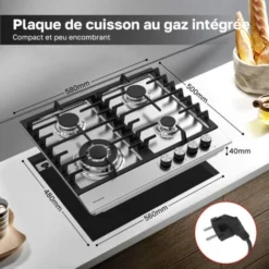 Plaque De Cuisson à Gaz 4 Foyers, Encastrable, Gaz Naturel/Propane, Acier Inoxydable, 8000W Thermomate GHSS604 -Bransch Magasin 61062935 5