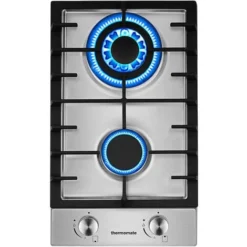 Plaque De Cuisson à Gaz à 2 Brûleurs Encastrable De 30 Cm, Table De Cuisson à Gaz En Acier Inoxydable, Cuisinière Avec FFD Et Supports De Casseroles En Fonte [Classe énergétique A+] Thermomate GHSS302