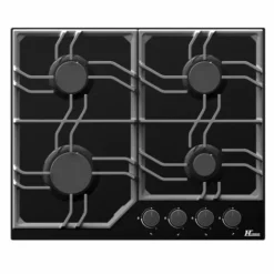 Table De Cuisson 4 Foyers Gaz Encastrée 60 Cm – Verre Noir – L 58xl 51xH 5cm – Allumage Automatique – Sécurité Thermocouple - Poids 9 Kg – 6800W - HUDSON