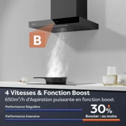 CIARRA CD6102B Hotte Murale Tactile 60cm 650m3/h 4 Vitesses Booster Eclairage Dimmable LED Affichage Noir -Bransch Magasin 71207741 3