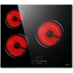 Hobsir Plaque Vitrocéramique, Plaque De Cuisson Vitrocéramique 3 Feux, Table De Cuisson Vitrocéramique 5200W, 9 Niveaux De Puissance, Encastrable, Pas De Prise,Surface En Verre Noir, Facile à Nettoyer