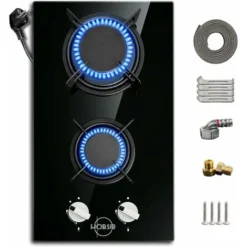 Hobsir Plaque Gaz 2 Feux, Plaque De Cuisson Gaz 30cm, Table De Cuisson Gaz Encastrable, Plaque Cuisson Gaz Convient Pour Le LPG Et Le NG, Avec Prise, Bouton De Commande, Facile à Nettoyer, Verre Noir