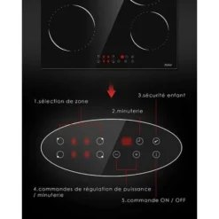 Hobsir Plaque Vitrocéramique, Table De Cuisson Vitrocéramique 4 Feux, 6000W Avec 9 Niveaux De Puissance, 59 Cm, Vitrocéramique,Fil Dur, Pas De Prise, Capteur Contrôle Tactile,Verrouillage De Sécurité -Bransch Magasin 71381799 3