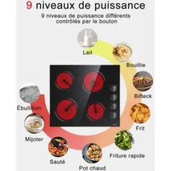Hobsir Plaque Vitrocéramique 6000W, Plaque De Cuisson Vitroceramique 4 Feux, 9 Niveaux De Puissance, 4 Zones De Cuisson, Surface En Verre Noir Poli 59 Cm, Bouton De Commande, Fil Dur, Pas De Prise -Bransch Magasin 71381802 4