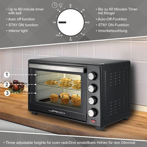 Jago® Mini Four - Capacité 60 L, 2000 W, Minuteur 0-60 Min, 100-230°C, 6 Modes De Cuisson, Avec Rôtissoire, Grille Et Plaque De Four, Double Vitrage, Noir - Four Électrique, à Poser, Ventilé 2 Jago® Mini Four - Capacité 60 L, 2000 W, Minuteur 0-60 Min, 100-230°C, 6 Modes De Cuisson, Avec Rôtissoire, Grille Et Plaque De Four, Double Vitrage, Noir - Four Électrique, à Poser, Ventilé – Image 2