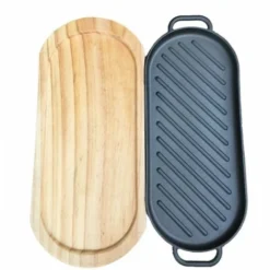 MINKUROW Plaque Plat En Fonte Poêle À Griller Avec Plateau En Bois Poêle Anti- Adhésive Teppanyaki Plaque Pour La Maison Cuisine