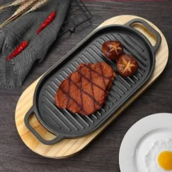 MINKUROW Plaque Plat En Fonte Poêle À Griller Avec Plateau En Bois Poêle Anti- Adhésive Teppanyaki Plaque Pour La Maison Cuisine -Bransch Magasin 85961247 5