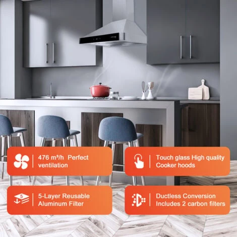 Gasland Chef PR60SS Hotte Aspirante 60cm à Recyclage Hotte Aspirante Silencieuse évacuation D'air 488 M³/h 3 Niveaux Touch Control Montage Mural Hotte Aspirante Avec Filtre Inox Argent écrans De Verre 2 Gasland Chef PR60SS Hotte Aspirante 60cm à Recyclage Hotte Aspirante Silencieuse évacuation D'air 488 M³/h 3 Niveaux Touch Control Montage Mural Hotte Aspirante Avec Filtre Inox Argent écrans De Verre – Image 2