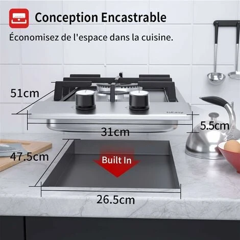 Plaque De Cuisson à Gaz 2 Feux - Autosuffisante Plaque à Gaz Avec 2 Brûleurs à Gaz - Cuisinière Encastrable - Gaz Naturel/Propane (2 Brûleurs -Acier Inoxydable) 2 Plaque De Cuisson à Gaz 2 Feux - Autosuffisante Plaque à Gaz Avec 2 Brûleurs à Gaz - Cuisinière Encastrable - Gaz Naturel/Propane (2 Brûleurs -Acier Inoxydable) – Image 2